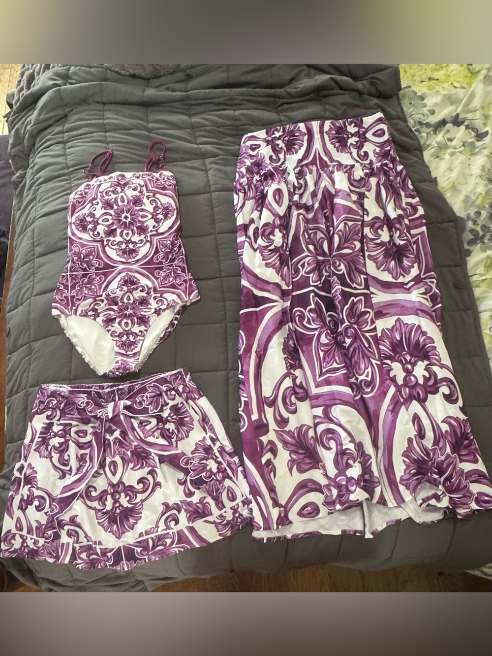 Purple Floral One-Piece Swimsuit with Matching Skirt and Cover-Up